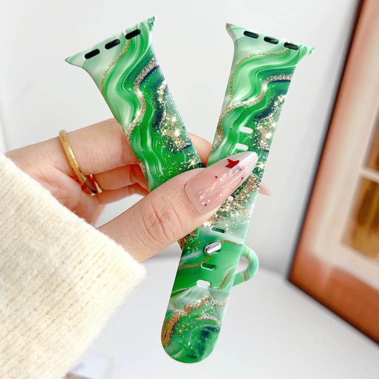 For Apple Watch 46mm / 49mm / 45mm / 44mm Painted Marble Print Reverse Buckle Silicone Watch Band(Green) - Image 2