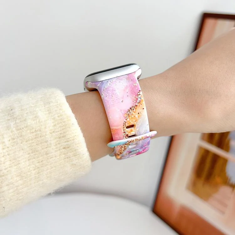For Apple Watch 46mm / 49mm / 45mm / 44mm Painted Marble Print Reverse Buckle Silicone Watch Band(Pastel Gold) - Image 3