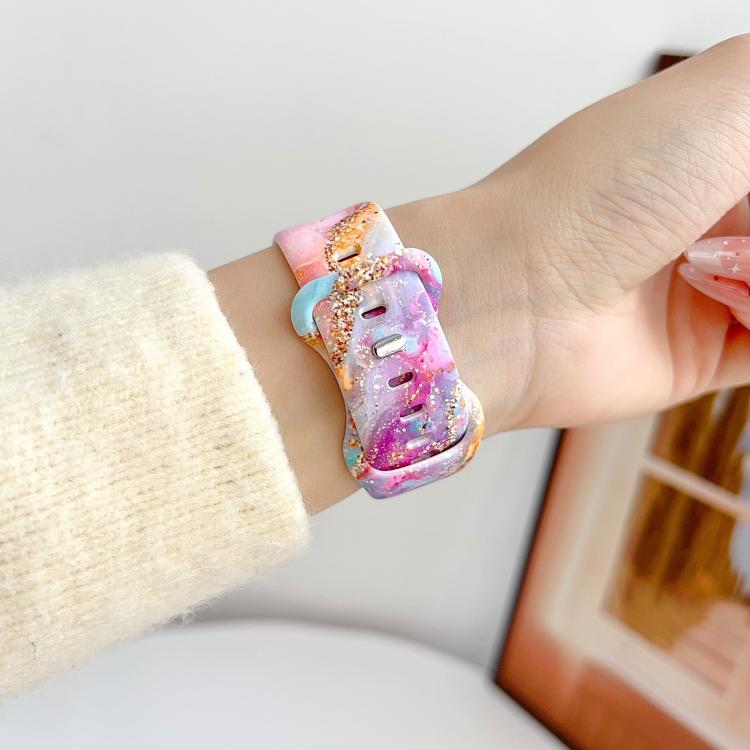 For Apple Watch 46mm / 49mm / 45mm / 44mm Painted Marble Print Reverse Buckle Silicone Watch Band(Pastel Gold) - Image 4