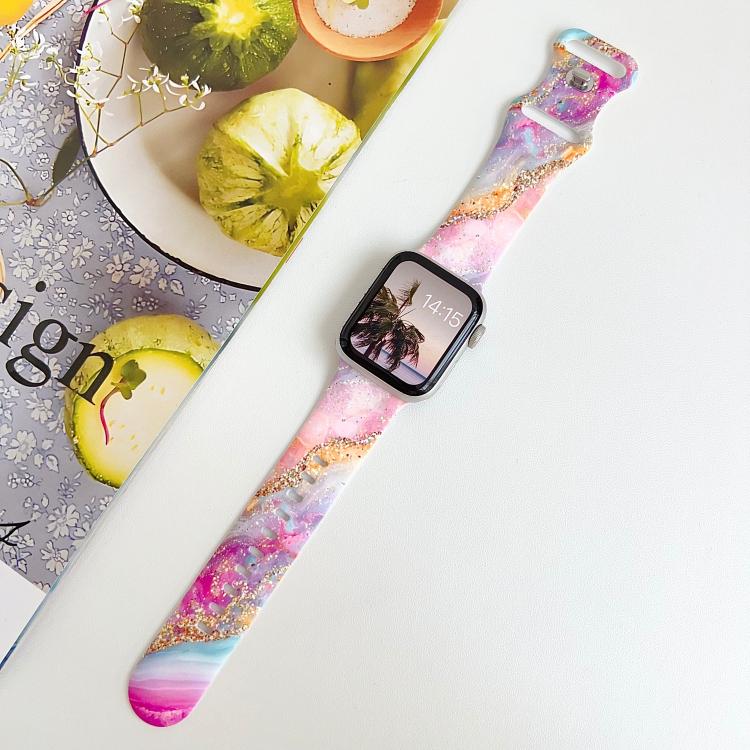 For Apple Watch 46mm / 49mm / 45mm / 44mm Painted Marble Print Reverse Buckle Silicone Watch Band(Pastel Gold) - Image 5