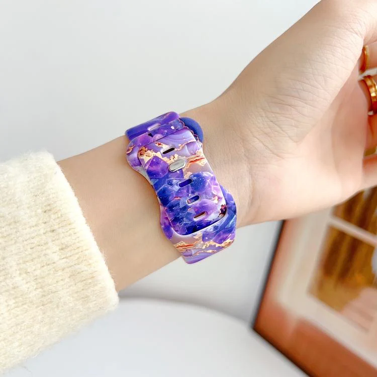 For Apple Watch 46mm / 49mm / 45mm / 44mm Painted Marble Print Reverse Buckle Silicone Watch Band(Purple) - Image 4