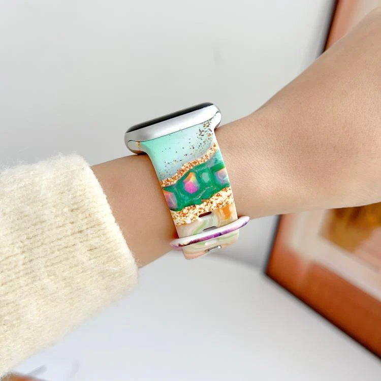 For Apple Watch 46mm / 49mm / 45mm / 44mm Painted Marble Print Reverse Buckle Silicone Watch Band(Purple Green) - Image 3