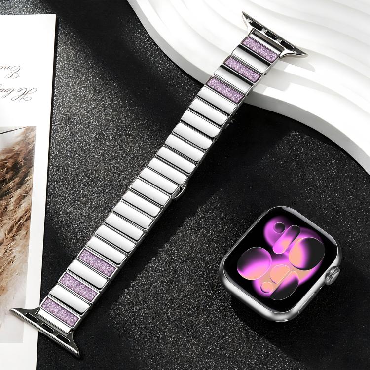 For Apple Watch 46mm / 49mm / 45mm / 44mm Piano Key Design Stainless Steel Folding Clasp Metal Watch Band(Glitter Pink) - Image 5