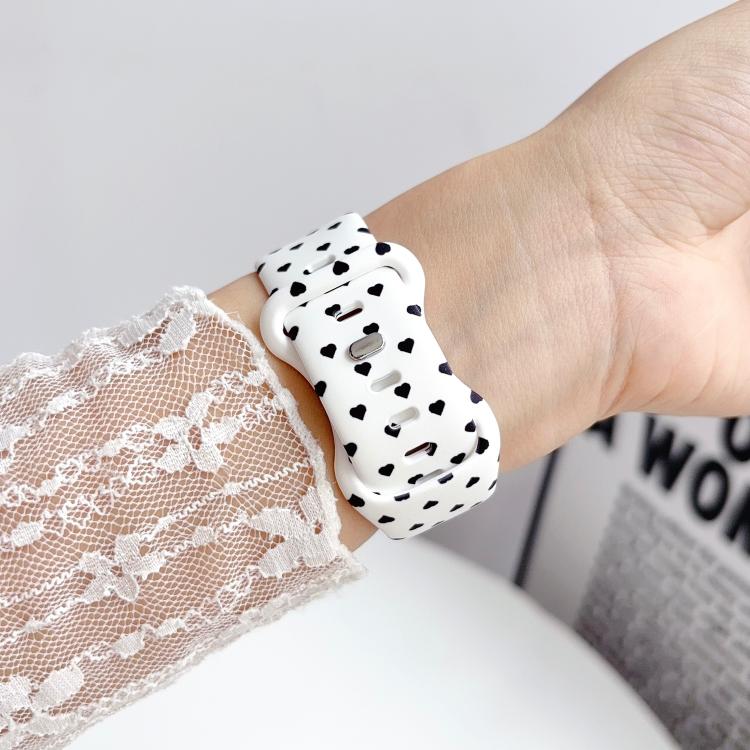 For Apple Watch 46mm / 49mm / 45mm / 44mm Printed Reverse Buckle Silicone Watch Band(Black Heart on White) - Image 4