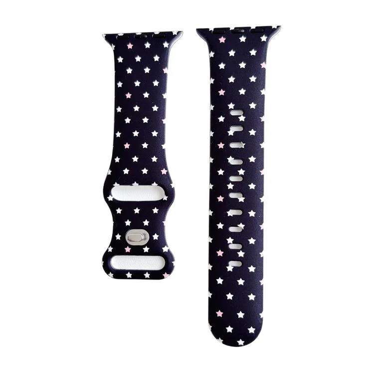 For Apple Watch 46mm / 49mm / 45mm / 44mm Printed Reverse Buckle Silicone Watch Band(White Stars on Black)
