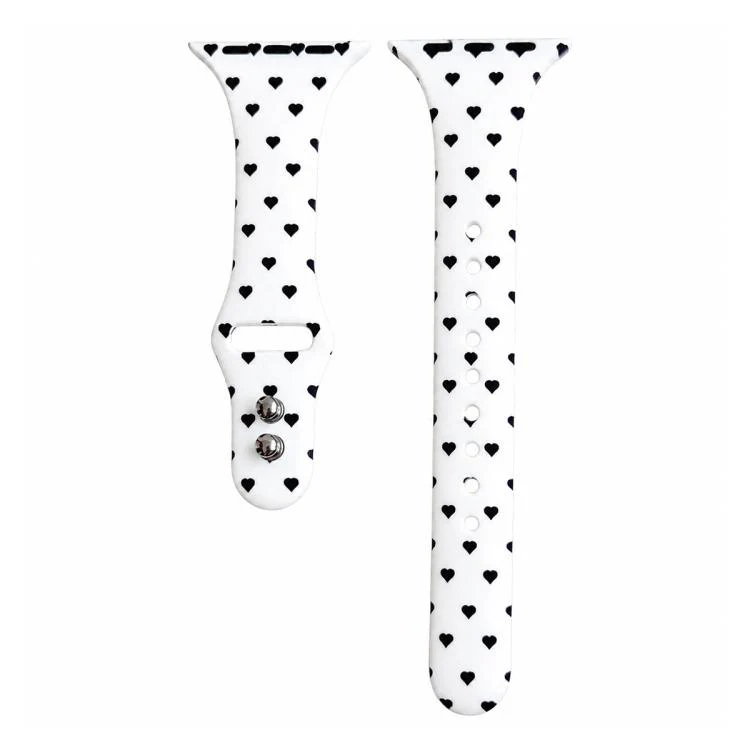 For Apple Watch 46mm / 49mm / 45mm / 44mm Slim Printed Reverse Buckle Silicone Watch Band(Black Heart on White)