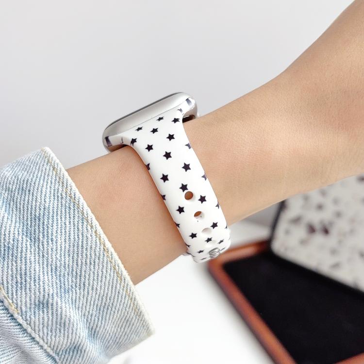 For Apple Watch 46mm / 49mm / 45mm / 44mm Slim Printed Reverse Buckle Silicone Watch Band(Black Stars on White) - Image 3