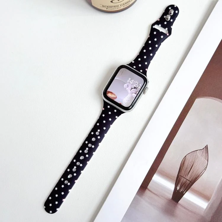 For Apple Watch 46mm / 49mm / 45mm / 44mm Slim Printed Reverse Buckle Silicone Watch Band(White Heart on Black) - Image 5
