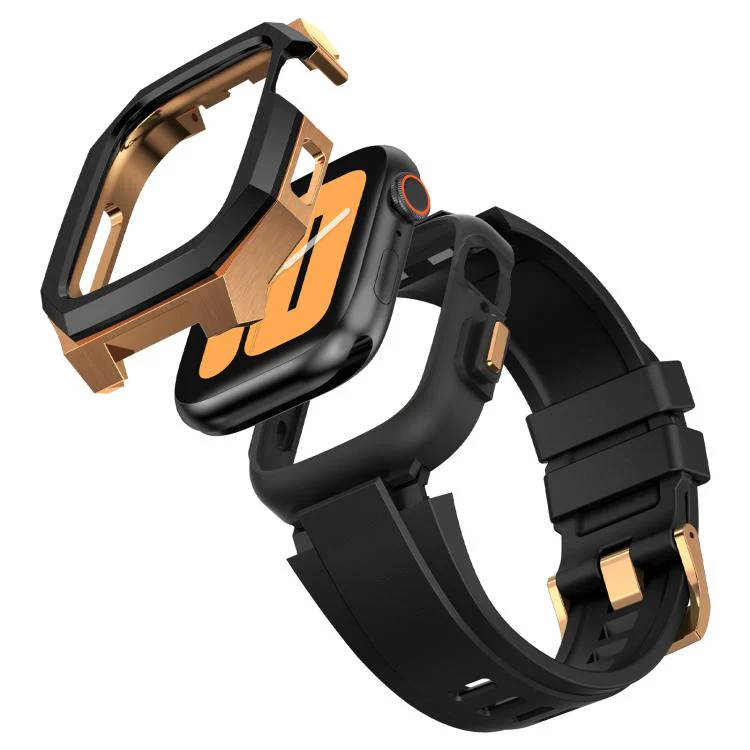 For Apple Watch Series 11 / 10 46mm Stainless Steel Protective Case Integrated Fluororubber Watch Band(Black Rose) - Image 7