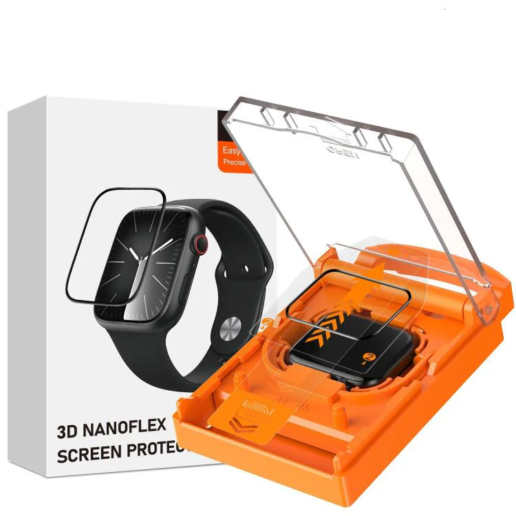 For Apple Watch Series 6 / 5 / 4 / SE 44mm Easy Install Box Dust-Free Screen-printed Tempered Glass Film(Transparent + Black Edge)