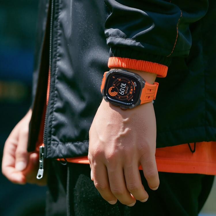 For Apple Watch Ultra 3 / 2 / 1 49mm Metal Frame Integrated Solid Color Silicone Watch Band(Black Orange) - Image 4