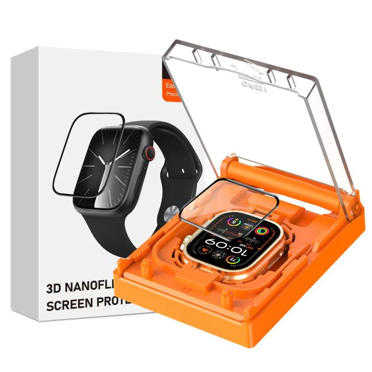 For Apple Watch Ultra 3 / 2 / 1 Ultra 49mm Easy Install Box Dust-Free Screen-printed Tempered Glass Film(Transparent + Black Edge)