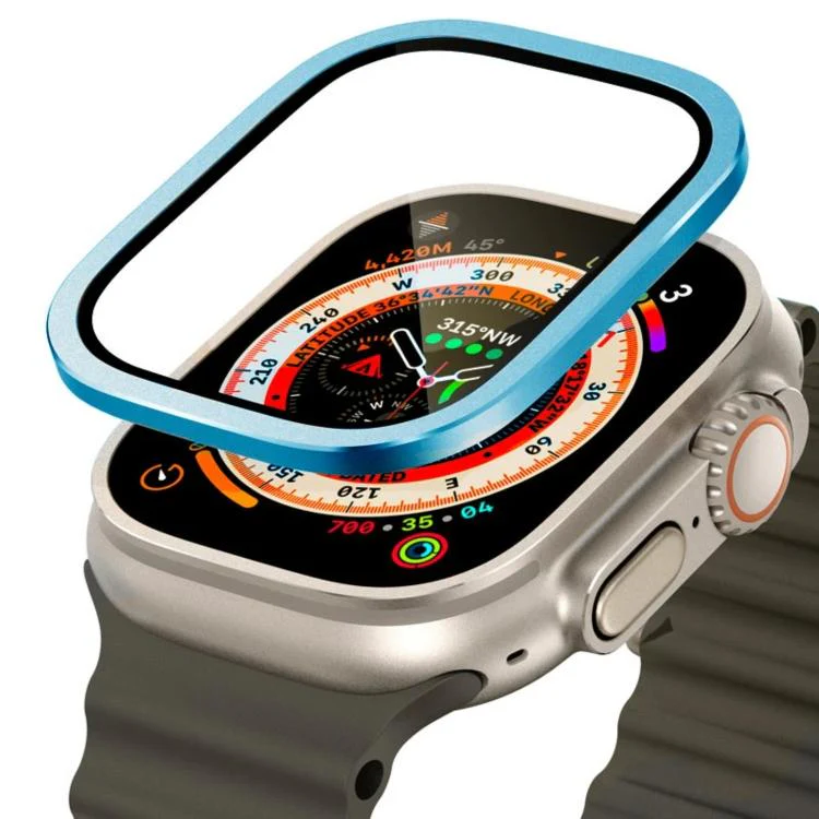 For Apple Watch Ultra 49mm Titanium Metal Frame Tempered Glass Watch Film(Blue)