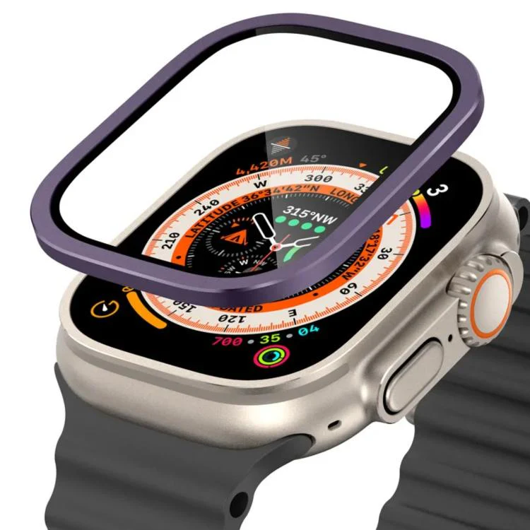 For Apple Watch Ultra 49mm Titanium Metal Frame Tempered Glass Watch Film(Purple)