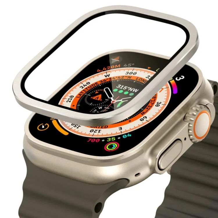 For Apple Watch Ultra 49mm Titanium Metal Frame Tempered Glass Watch Film(Silver)