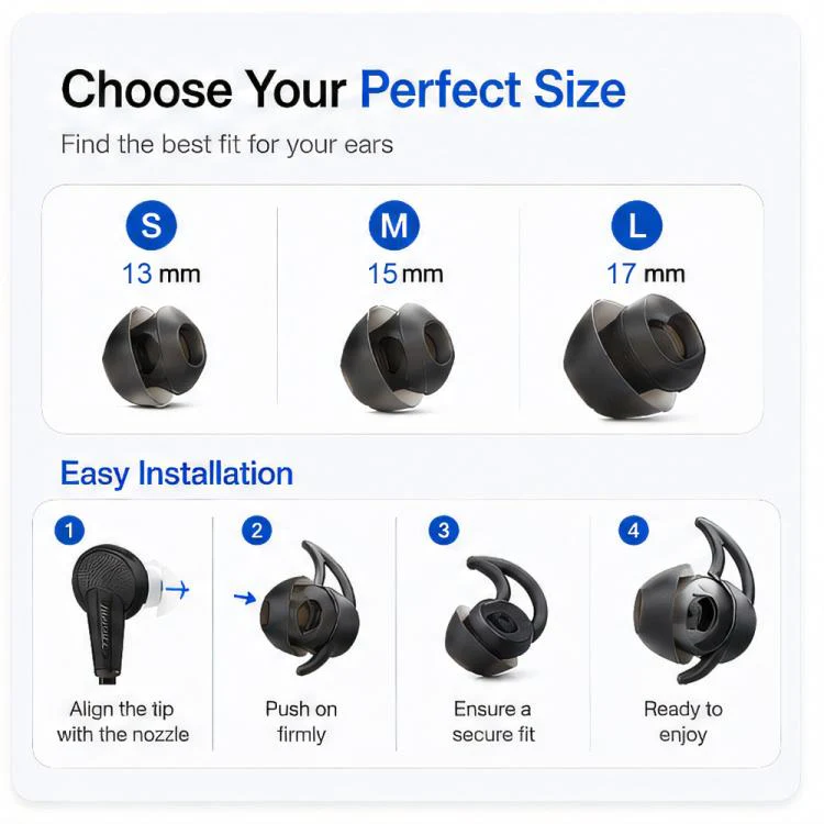 For BOSE QC30 / QC20 / QC20i XDcase 3 Pairs Replacement Silicone Ear Tips with Wing, S/M/L Size(Transparent Black) - Image 6