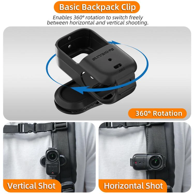 For DJI Osmo Nano Sunnylife Backpack Clip Action Camera Clamp 360 Rotation Vertical-Horizontal Mount 90 Tilt Upgraded Backpack Clip (Black) - Image 7