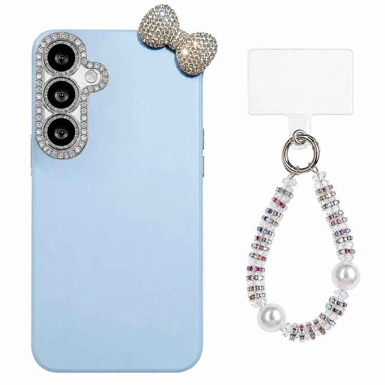 For Galaxy S26+ 5G Cute Bowknot Dopamine Color Skin-Friendly IMD Phone Case with Beaded Wrist Strap(Blue)