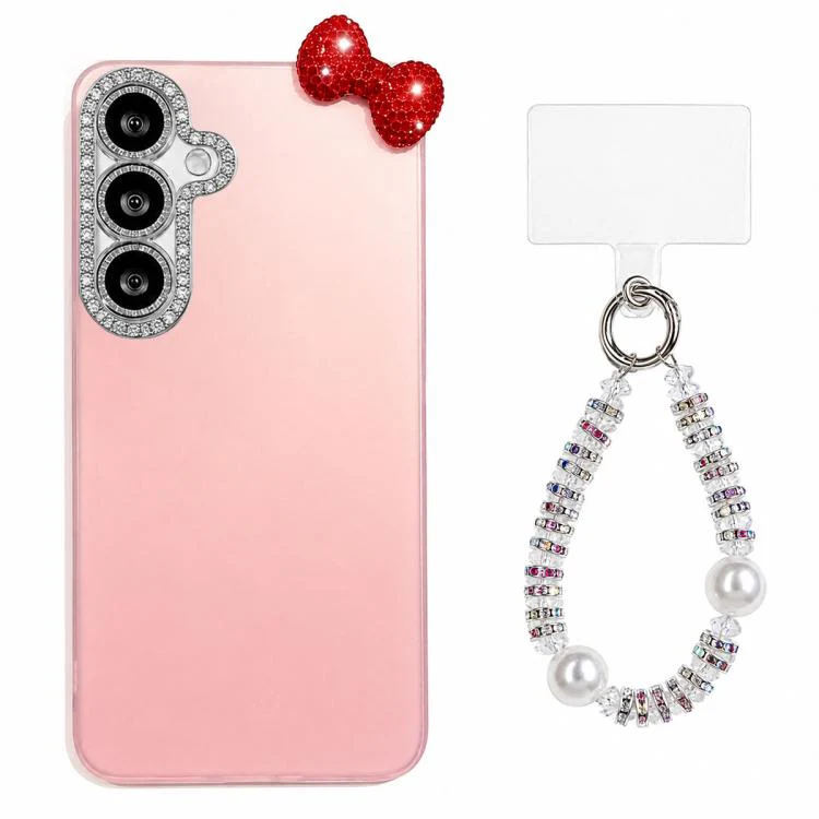 For Galaxy S26 5G Cute Bowknot Dopamine Color Skin-Friendly IMD Phone Case with Beaded Wrist Strap(Pink)
