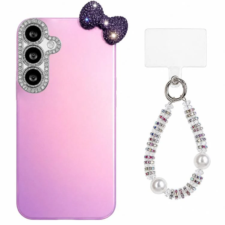 For Galaxy S26+ 5G Cute Bowknot Dopamine Color Skin-Friendly IMD Phone Case with Beaded Wrist Strap(Purple)