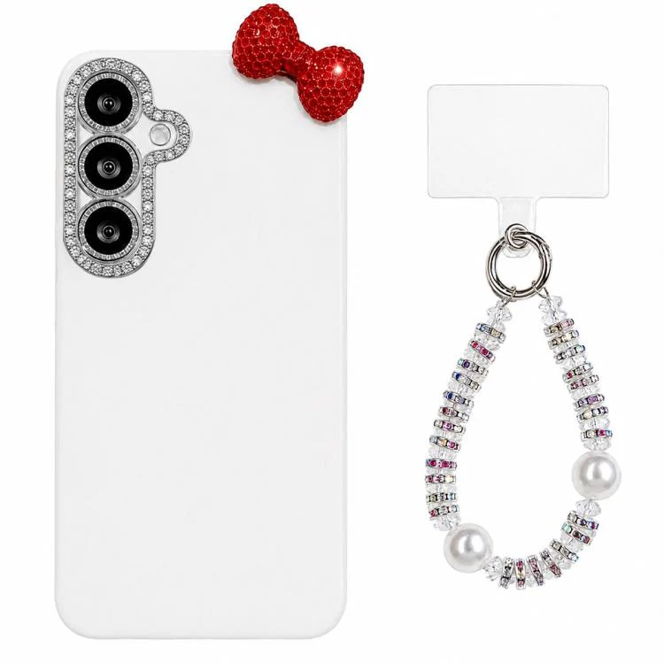 For Galaxy S26 5G Cute Bowknot Dopamine Color Skin-Friendly IMD Phone Case with Beaded Wrist Strap(White)