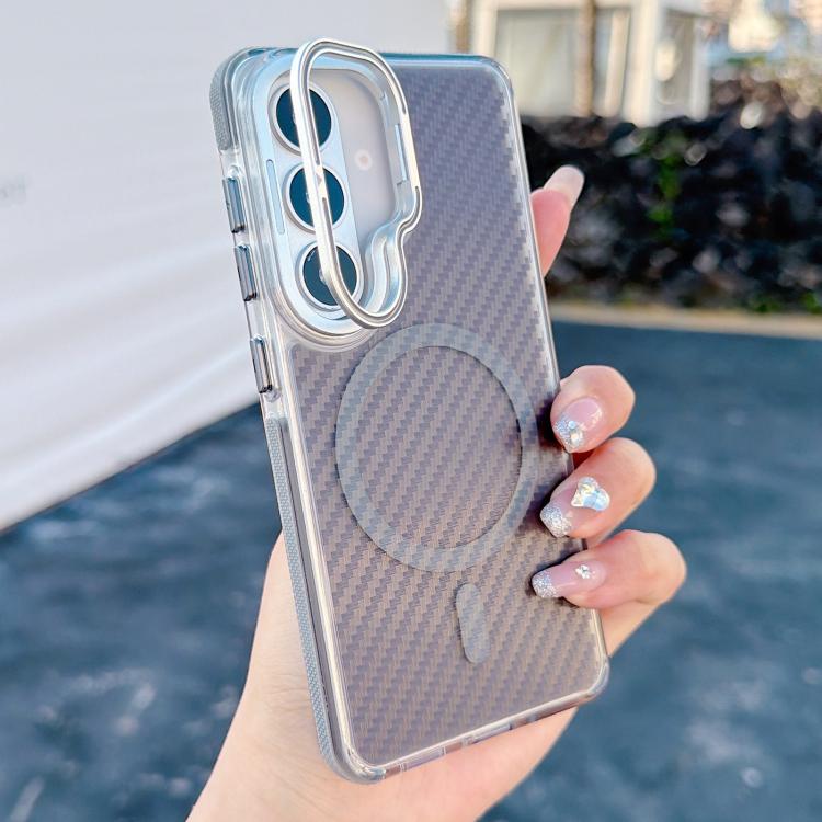 For Galaxy S26 5G Dual-Color Carbon Fiber Texture Lens Kickstand Magnetic Phone Case(Gray)