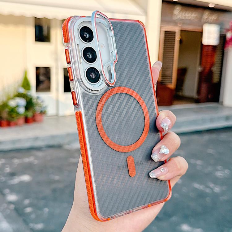 For Galaxy S26+ 5G Dual-Color Carbon Fiber Texture Lens Kickstand Magnetic Phone Case(Orange)
