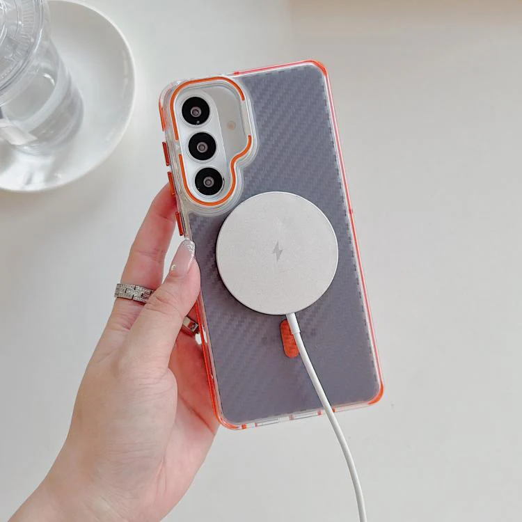 For Galaxy S26+ 5G Dual-Color Carbon Fiber Texture Lens Kickstand Magnetic Phone Case(Orange) - Image 6