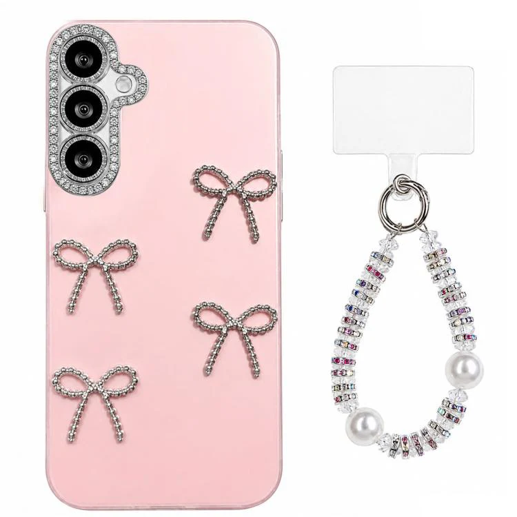 For Galaxy S26+ 5G Electroplated Bowknot Dopamine Color Skin-Friendly IMD Phone Case with Beaded Wrist Strap(Pink)