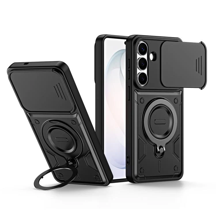 For Galaxy S26 5G Ring Holder Lens Slide Cover Phone Case(Black)