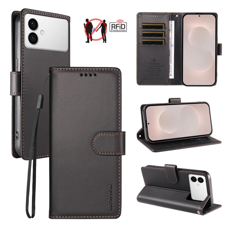 For Galaxy S26 Edge 5G BETOPNICE Pearlescent RFID Vegan Leather Phone Case with Strap(Black)