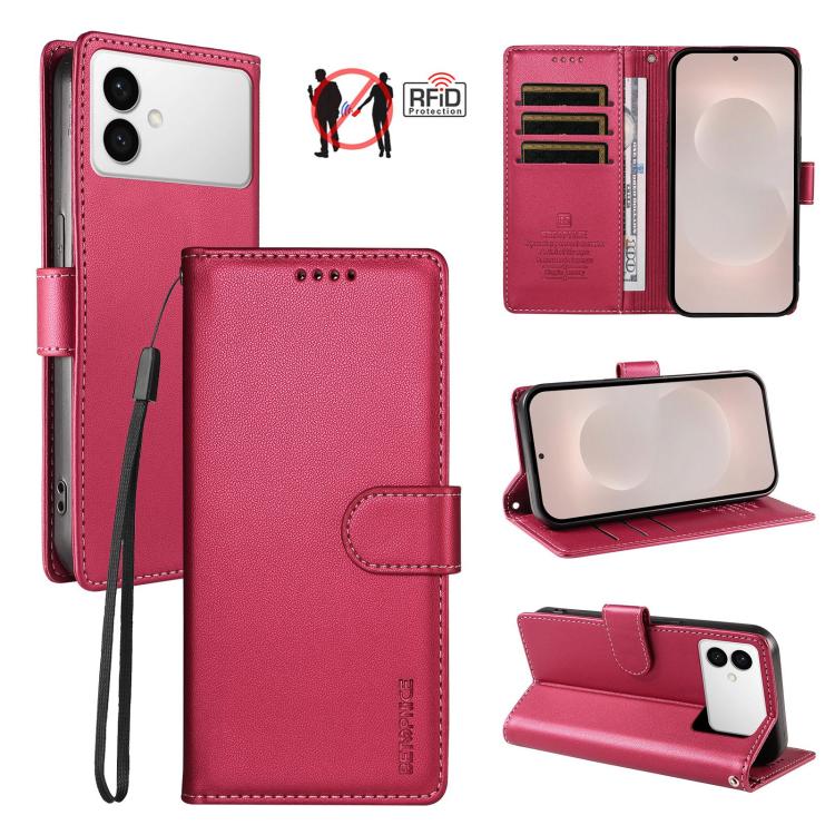 For Galaxy S26 Edge 5G BETOPNICE Pearlescent RFID Vegan Leather Phone Case with Strap(Red)