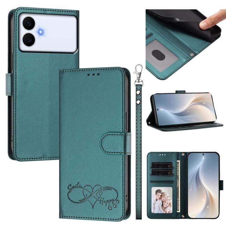 For Galaxy S26 Edge 5G Happy Heart Pattern Magnetic Closure Vegan Leather Phone Case with Wrist Strap(Green)