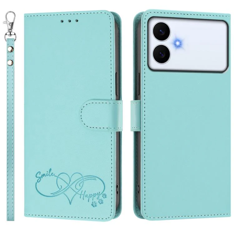 For Galaxy S26 Edge 5G Happy Heart Pattern Magnetic Closure Vegan Leather Phone Case with Wrist Strap(Mint Green) - Image 2