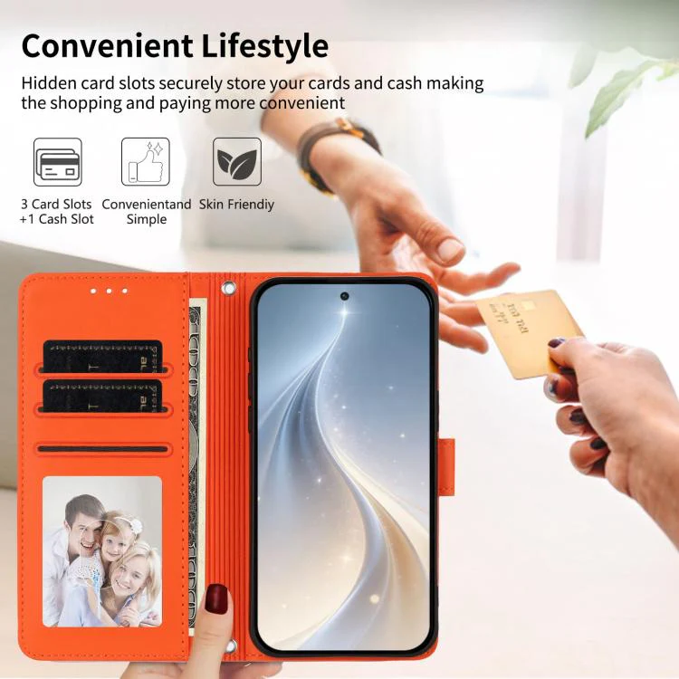 For Galaxy S26 Edge 5G Happy Heart Pattern Magnetic Closure Vegan Leather Phone Case with Wrist Strap(Orange) - Image 4