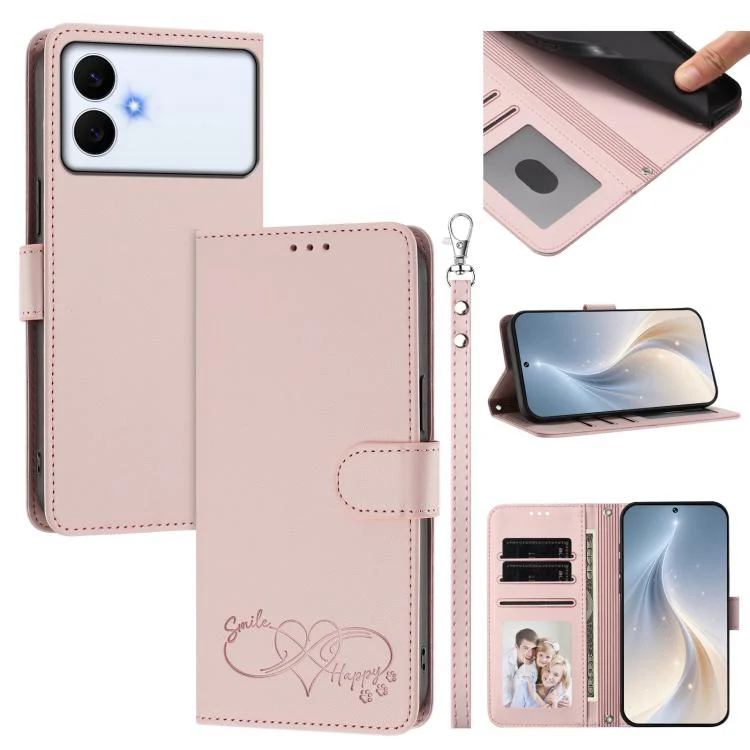 For Galaxy S26 Edge 5G Happy Heart Pattern Magnetic Closure Vegan Leather Phone Case with Wrist Strap(Pink)