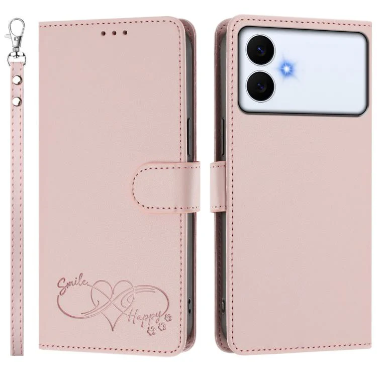 For Galaxy S26 Edge 5G Happy Heart Pattern Magnetic Closure Vegan Leather Phone Case with Wrist Strap(Pink) - Image 2
