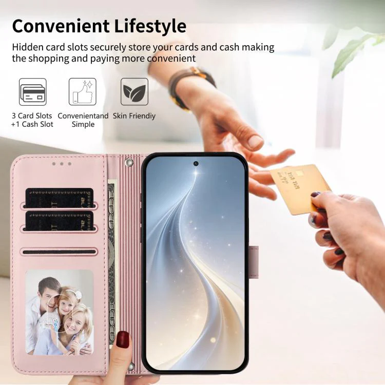 For Galaxy S26 Edge 5G Happy Heart Pattern Magnetic Closure Vegan Leather Phone Case with Wrist Strap(Pink) - Image 4