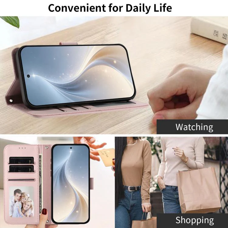 For Galaxy S26 Edge 5G Happy Heart Pattern Magnetic Closure Vegan Leather Phone Case with Wrist Strap(Pink) - Image 5