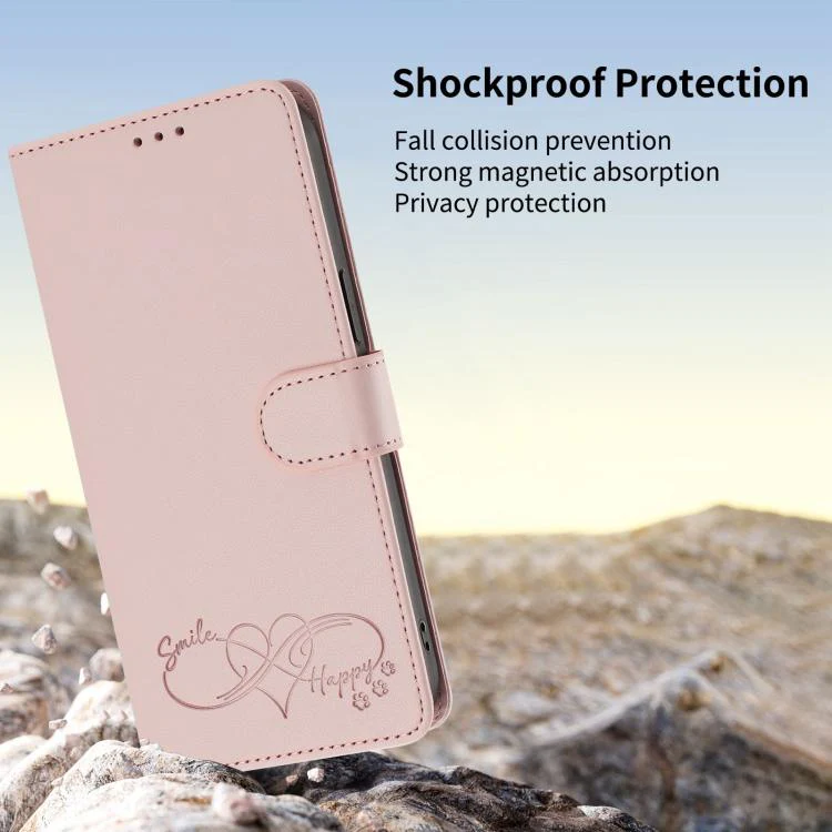 For Galaxy S26 Edge 5G Happy Heart Pattern Magnetic Closure Vegan Leather Phone Case with Wrist Strap(Pink) - Image 6
