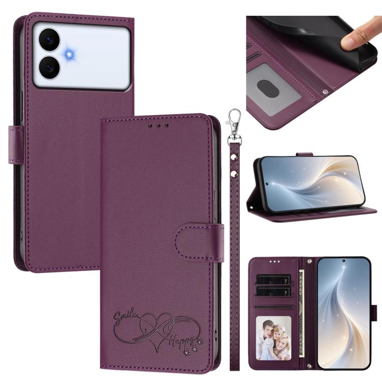 For Galaxy S26 Edge 5G Happy Heart Pattern Magnetic Closure Vegan Leather Phone Case with Wrist Strap(Violet)