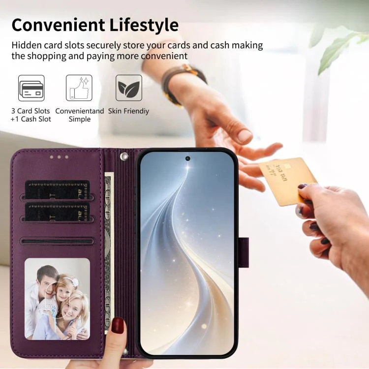 For Galaxy S26 Edge 5G Happy Heart Pattern Magnetic Closure Vegan Leather Phone Case with Wrist Strap(Violet) - Image 4