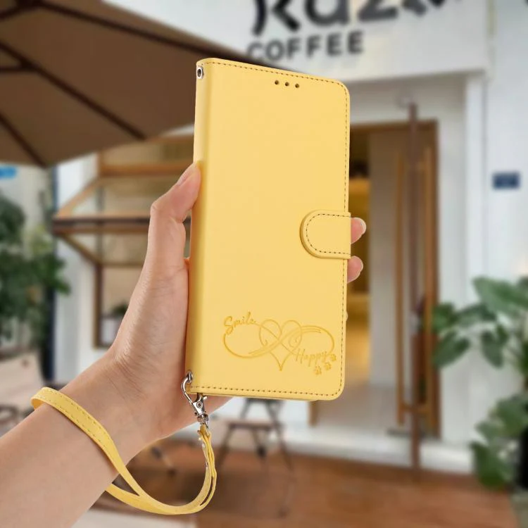 For Galaxy S26 Edge 5G Happy Heart Pattern Magnetic Closure Vegan Leather Phone Case with Wrist Strap(Yellow) - Image 9