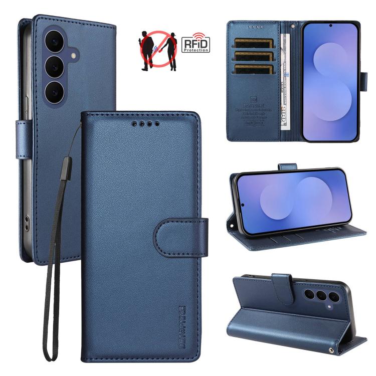 For Galaxy S26 FE 5G BETOPNICE Pearlescent RFID Vegan Leather Phone Case with Strap(Blue)