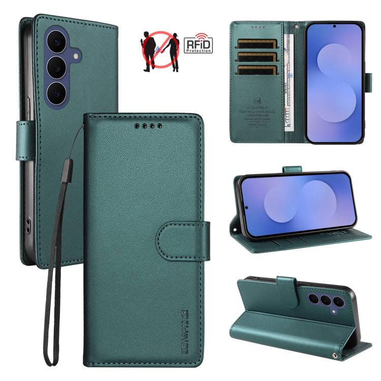 For Galaxy S26 FE 5G BETOPNICE Pearlescent RFID Vegan Leather Phone Case with Strap(Green)