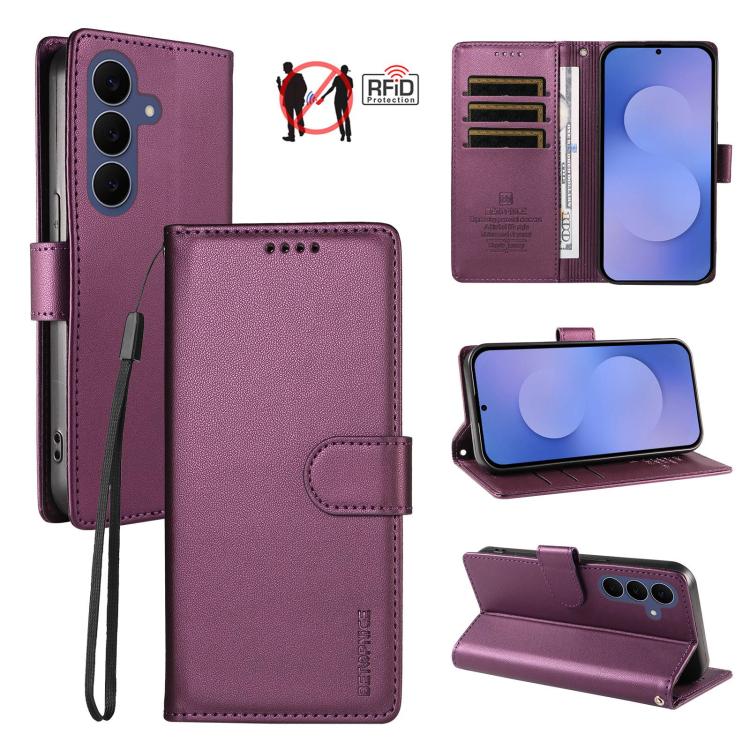 For Galaxy S26 FE 5G BETOPNICE Pearlescent RFID Vegan Leather Phone Case with Strap(Purple)