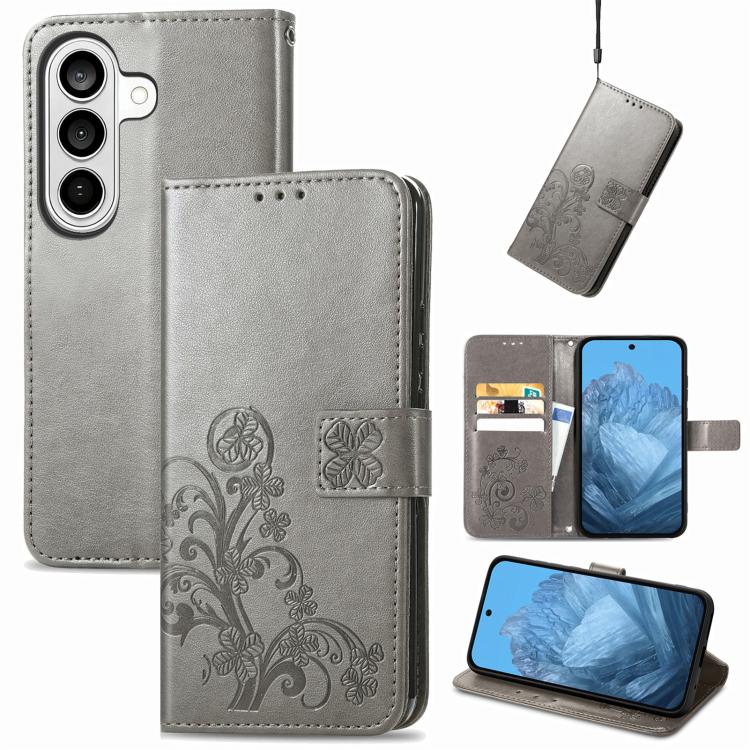 For Galaxy S26 FE 5G Four-leaf Clasp Embossed Buckle Leather Phone Case(Gray)