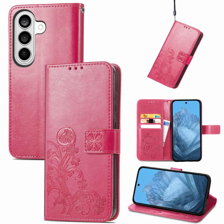 For Galaxy S26 FE 5G Four-leaf Clasp Embossed Buckle Leather Phone Case(Magenta)