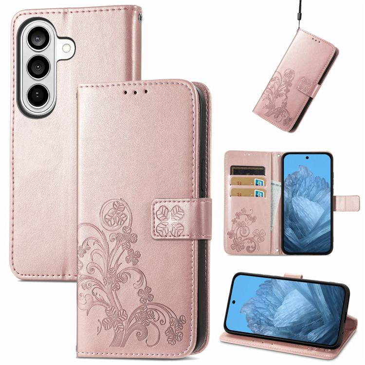 For Galaxy S26 FE 5G Four-leaf Clasp Embossed Buckle Leather Phone Case(Rose Gold)