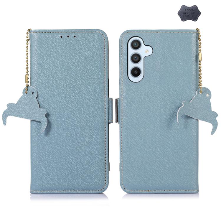 For Galaxy S26 FE 5G Genuine Leather Mino Magnetic RFID Leather Phone Case(Ice Blue)